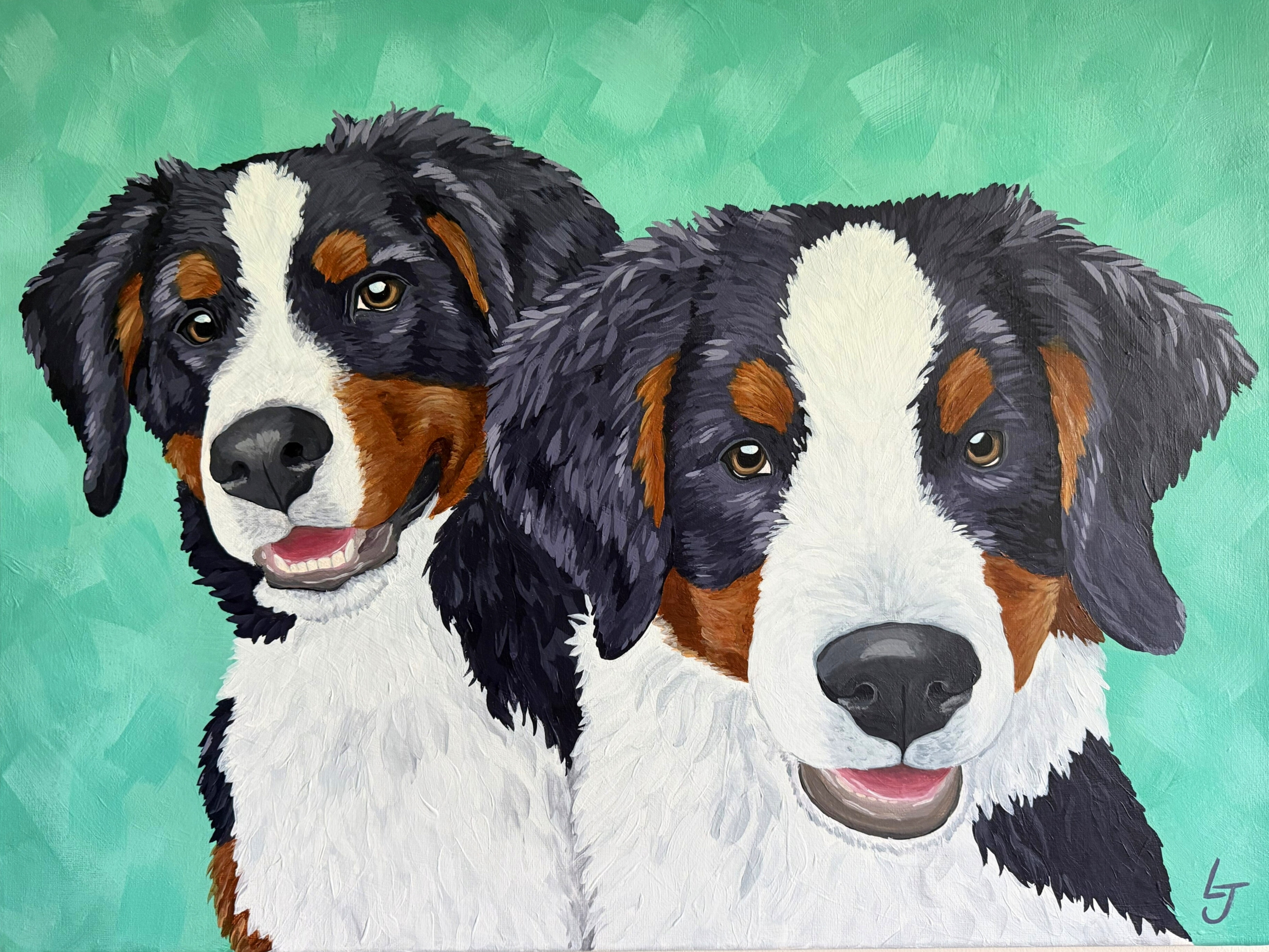 Berny and Weylon the Bernese Mountain Dogs — acrylic portrait by Leah James